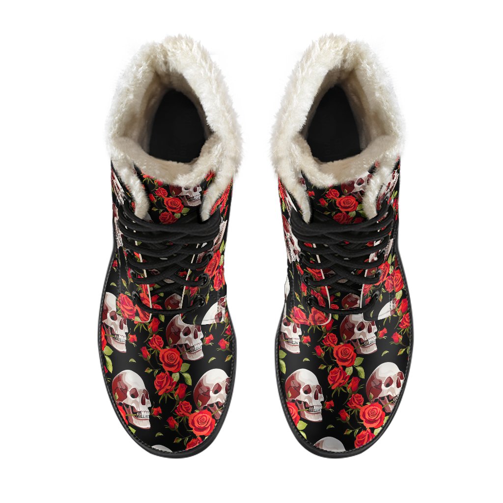Red Rose Skull Design Print Faux Fur Leather Boots-JTAMIGO.COM