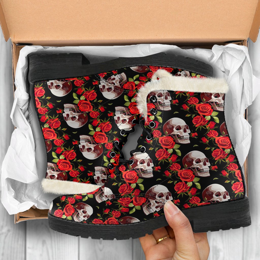 Red Rose Skull Design Print Faux Fur Leather Boots-JTAMIGO.COM