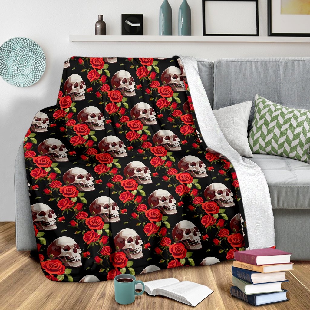 Red Rose Skull Design Print Fleece Blanket