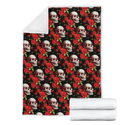 Red Rose Skull Design Print Fleece Blanket