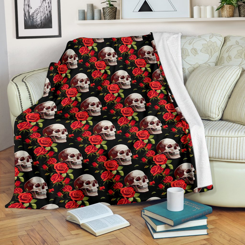 Red Rose Skull Design Print Fleece Blanket