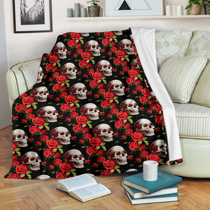 Red Rose Skull Design Print Fleece Blanket