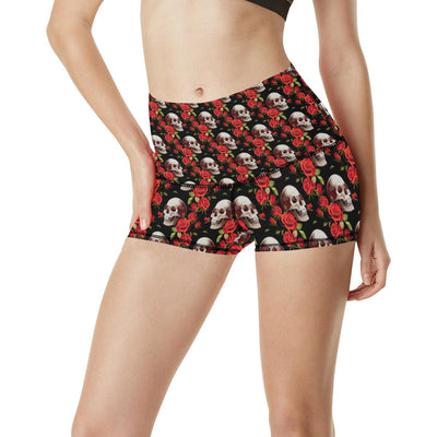 Red Rose Skull Design Print High Waisted Spandex Shorts-JTAMIGO.COM