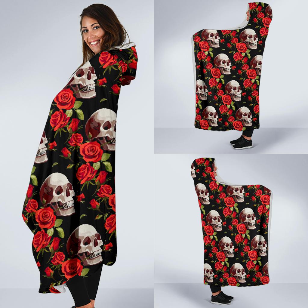 Red Rose Skull Design Print Hooded Blanket-JTAMIGO.COM