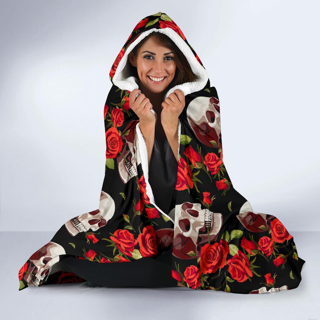 Red Rose Skull Design Print Hooded Blanket-JTAMIGO.COM