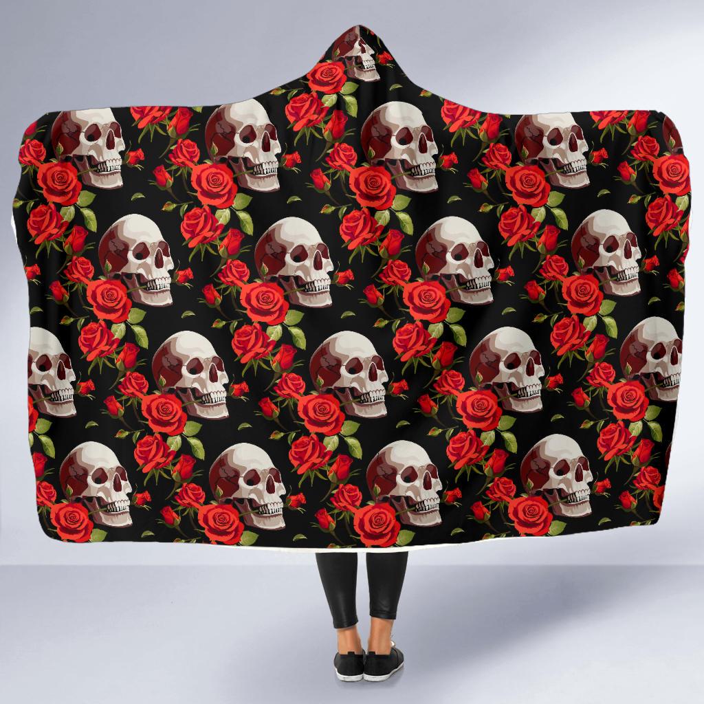 Red Rose Skull Design Print Hooded Blanket-JTAMIGO.COM