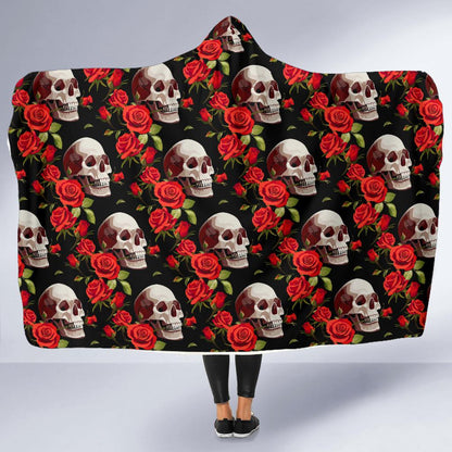 Red Rose Skull Design Print Hooded Blanket-JTAMIGO.COM