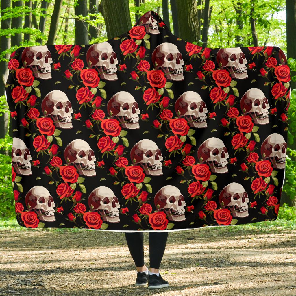 Red Rose Skull Design Print Hooded Blanket-JTAMIGO.COM