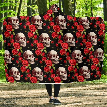 Red Rose Skull Design Print Hooded Blanket-JTAMIGO.COM