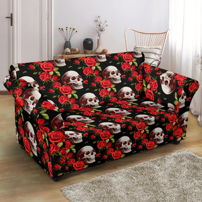 Red Rose Skull Design Print Loveseat Slipcover-JTAMIGO.COM