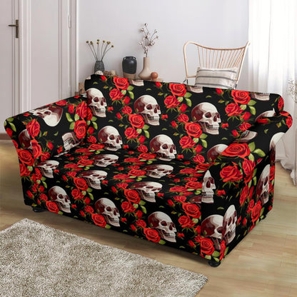 Red Rose Skull Design Print Loveseat Slipcover-JTAMIGO.COM