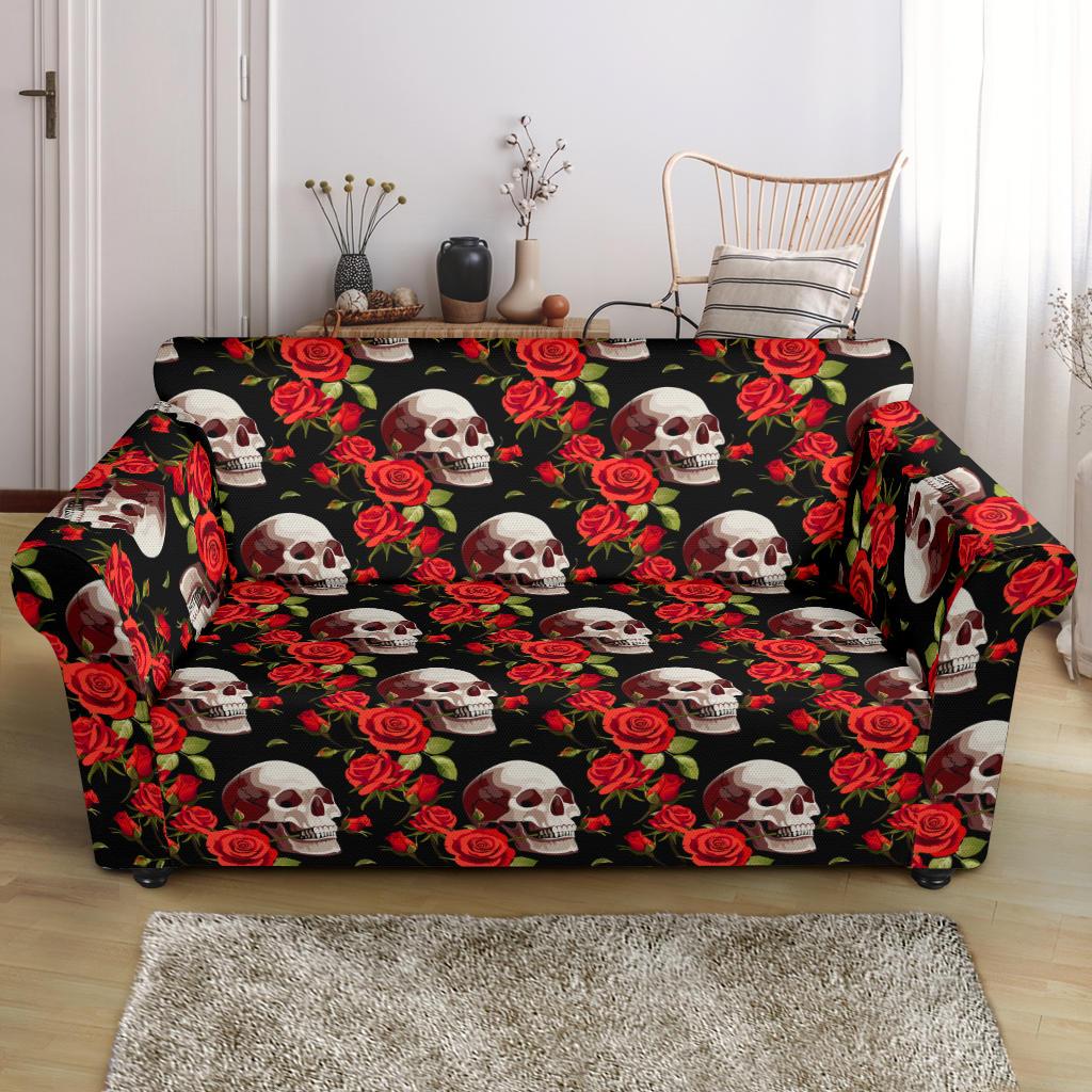 Red Rose Skull Design Print Loveseat Slipcover-JTAMIGO.COM