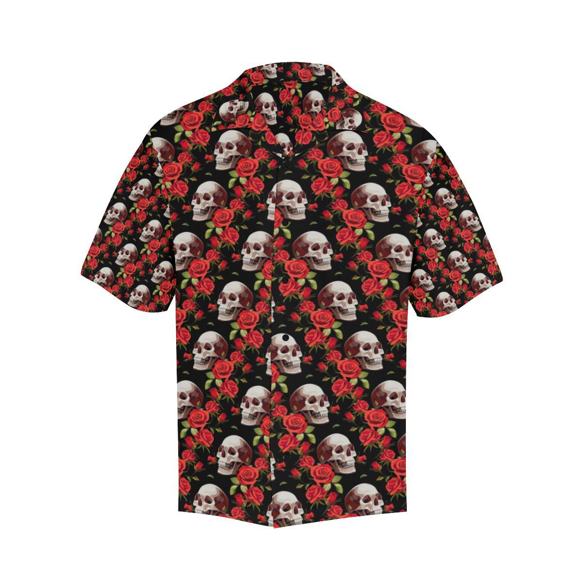 Red Rose Skull Design Print Men Aloha Hawaiian Shirt