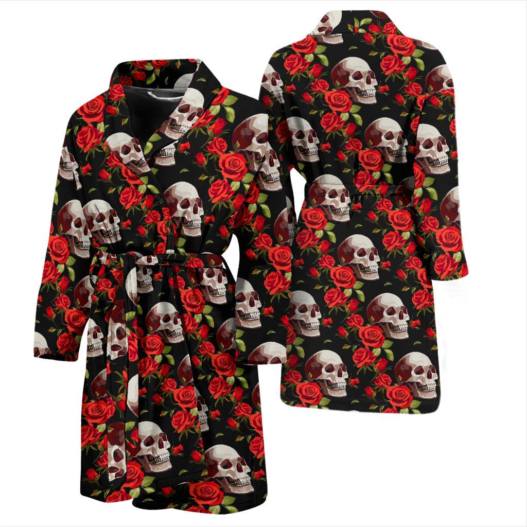 Red Rose Skull Design Print Men Bath Robe-JTAMIGO.COM