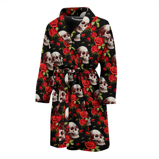 Red Rose Skull Design Print Men Bath Robe-JTAMIGO.COM