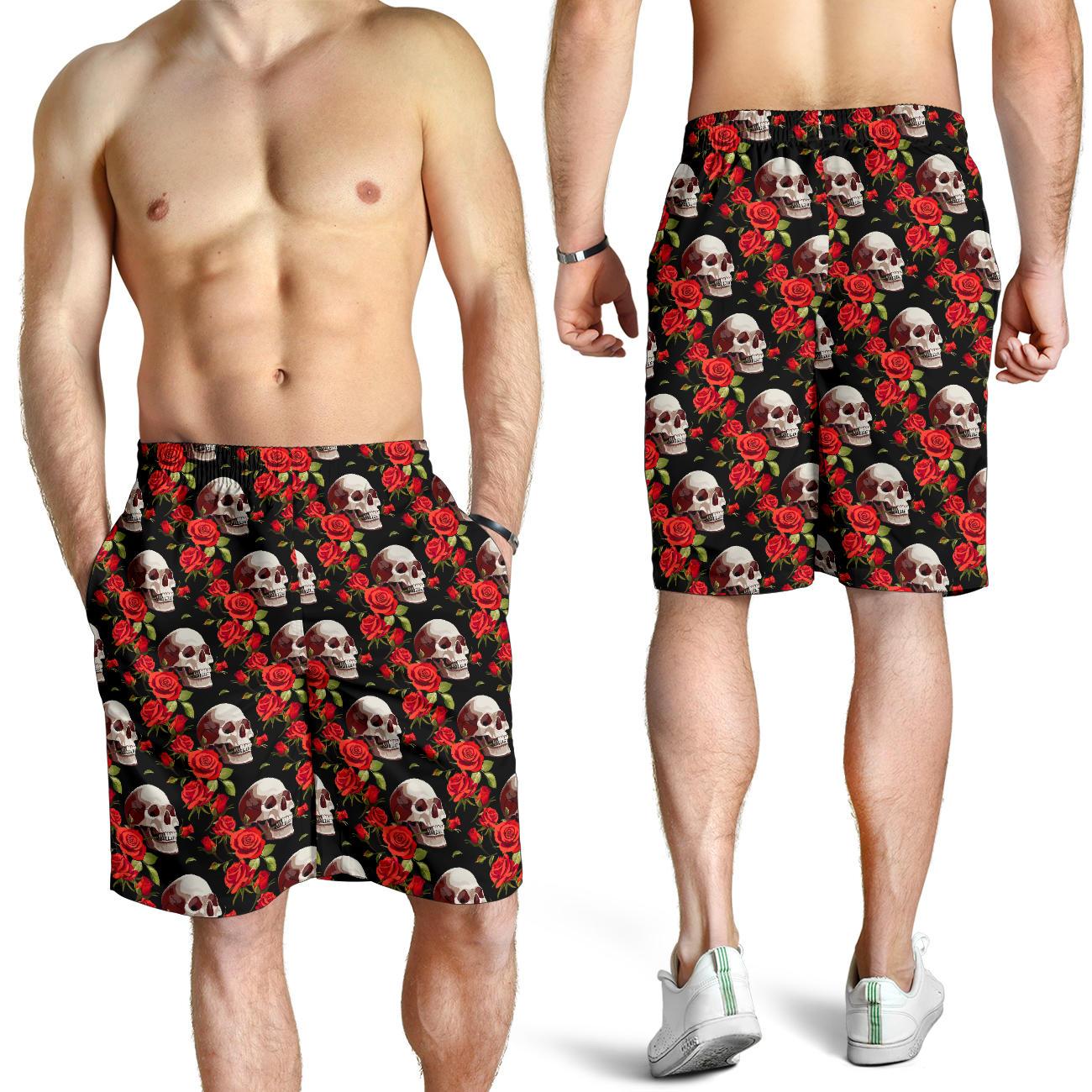 Red Rose Skull Design Print Mens Shorts-JTAMIGO.COM