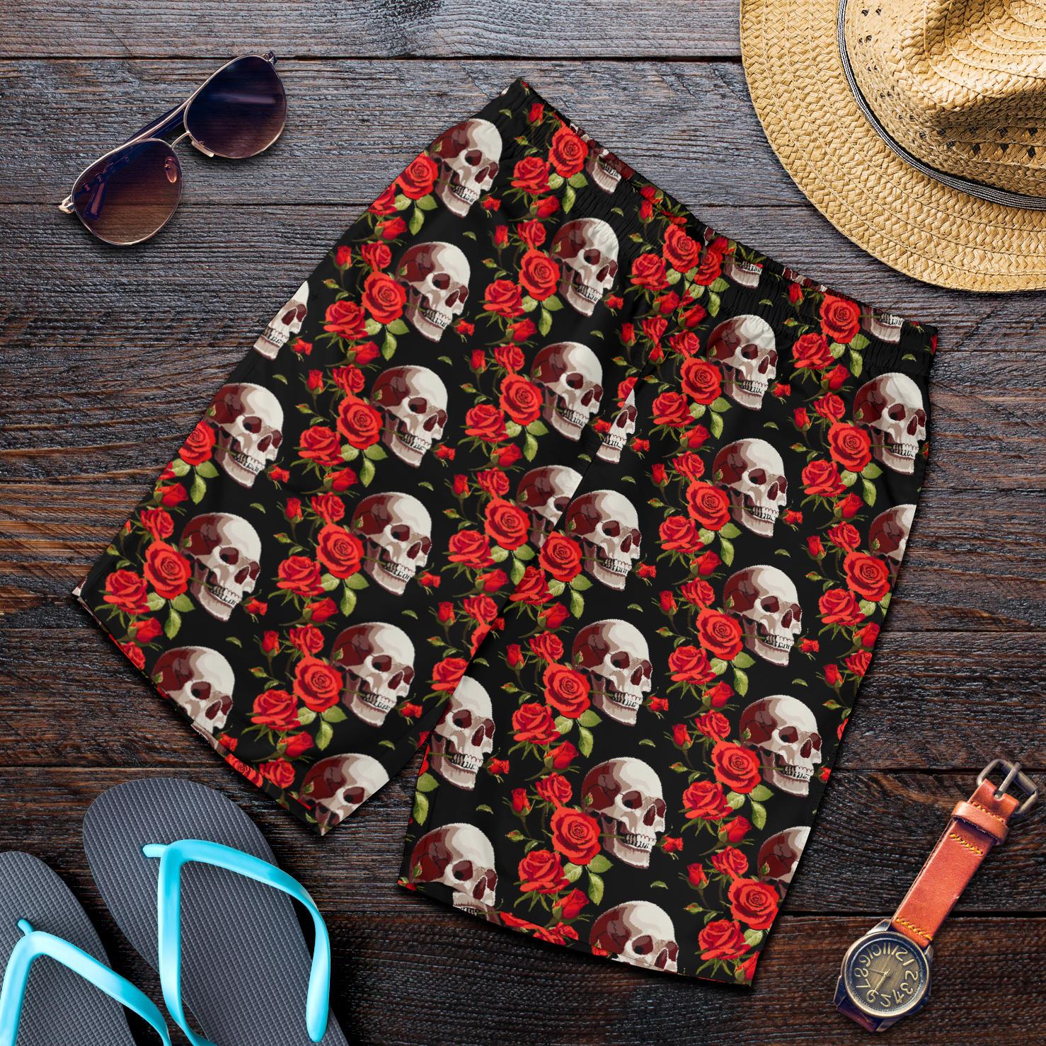 Red Rose Skull Design Print Mens Shorts-JTAMIGO.COM