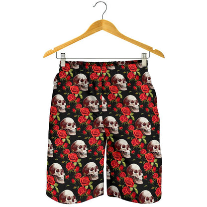 Red Rose Skull Design Print Mens Shorts-JTAMIGO.COM
