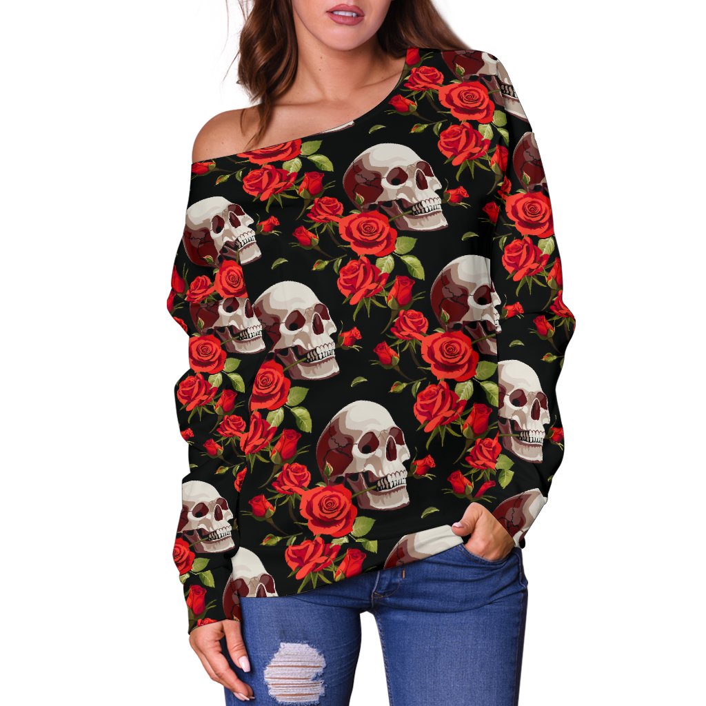 Red Rose Skull Design Print Off Shoulder Sweatshirt