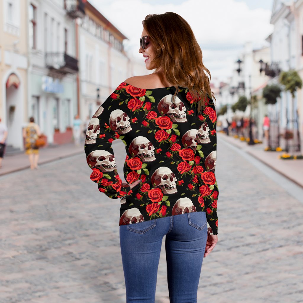 Red Rose Skull Design Print Off Shoulder Sweatshirt