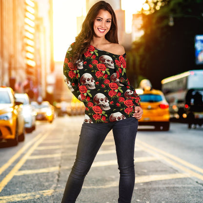 Red Rose Skull Design Print Off Shoulder Sweatshirt