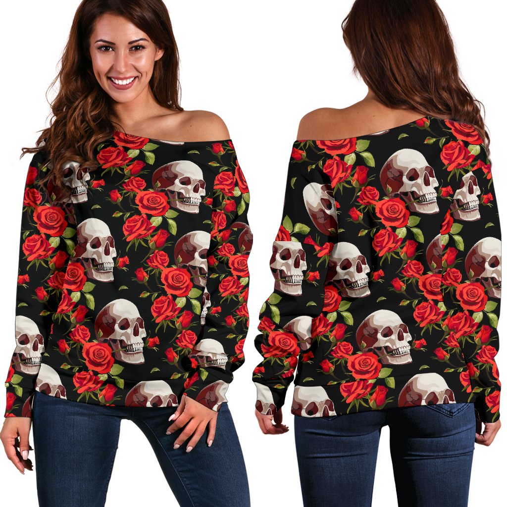 Red Rose Skull Design Print Off Shoulder Sweatshirt
