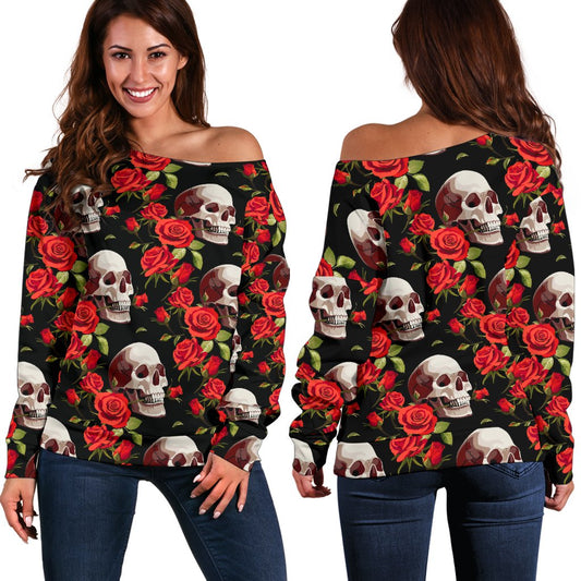 Red Rose Skull Design Print Off Shoulder Sweatshirt