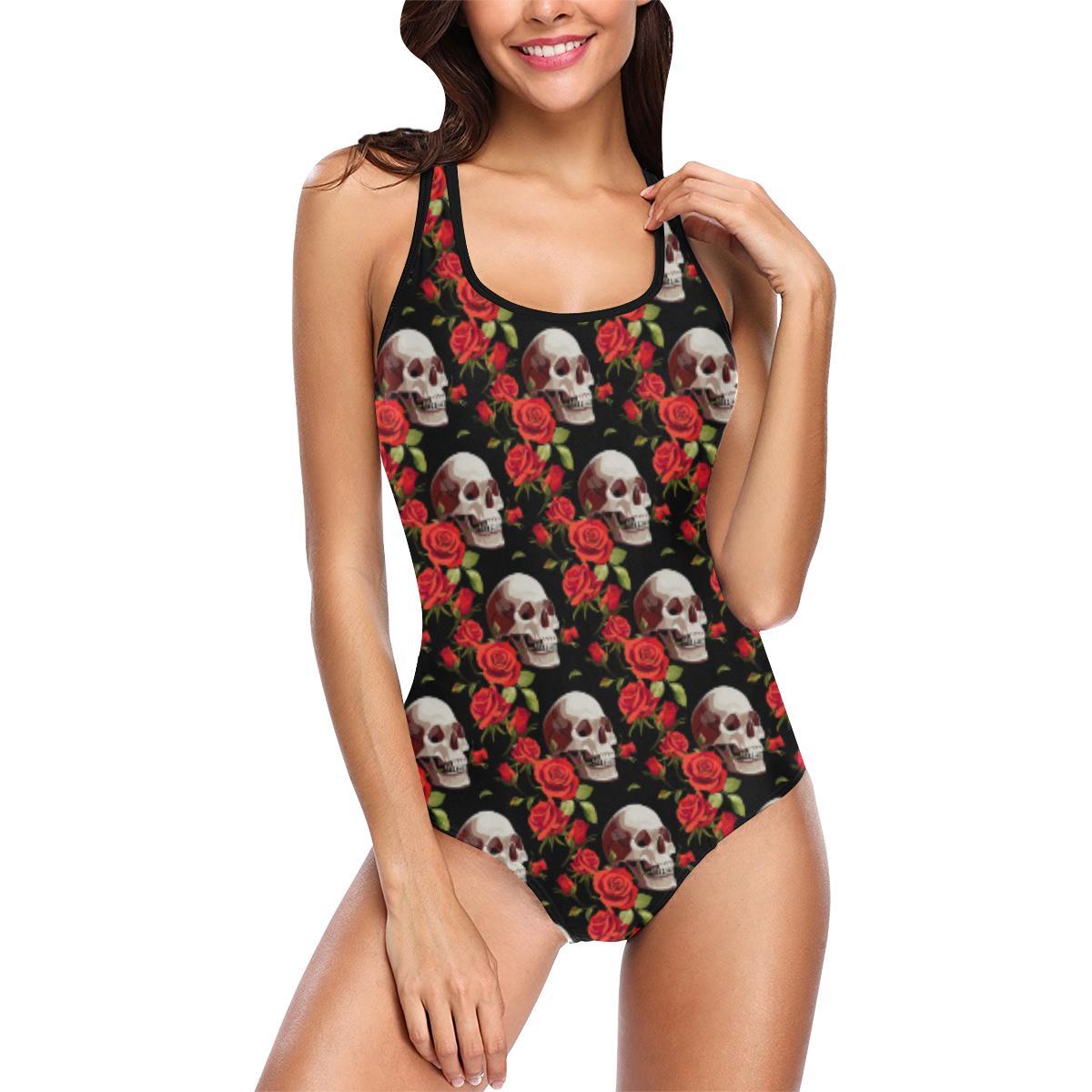 Red Rose Skull Design Print One Piece Swimsuit-JTAMIGO.COM