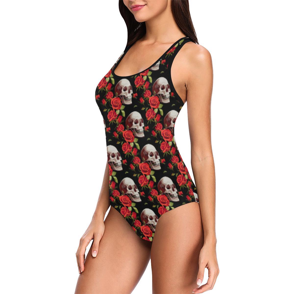 Red Rose Skull Design Print One Piece Swimsuit-JTAMIGO.COM