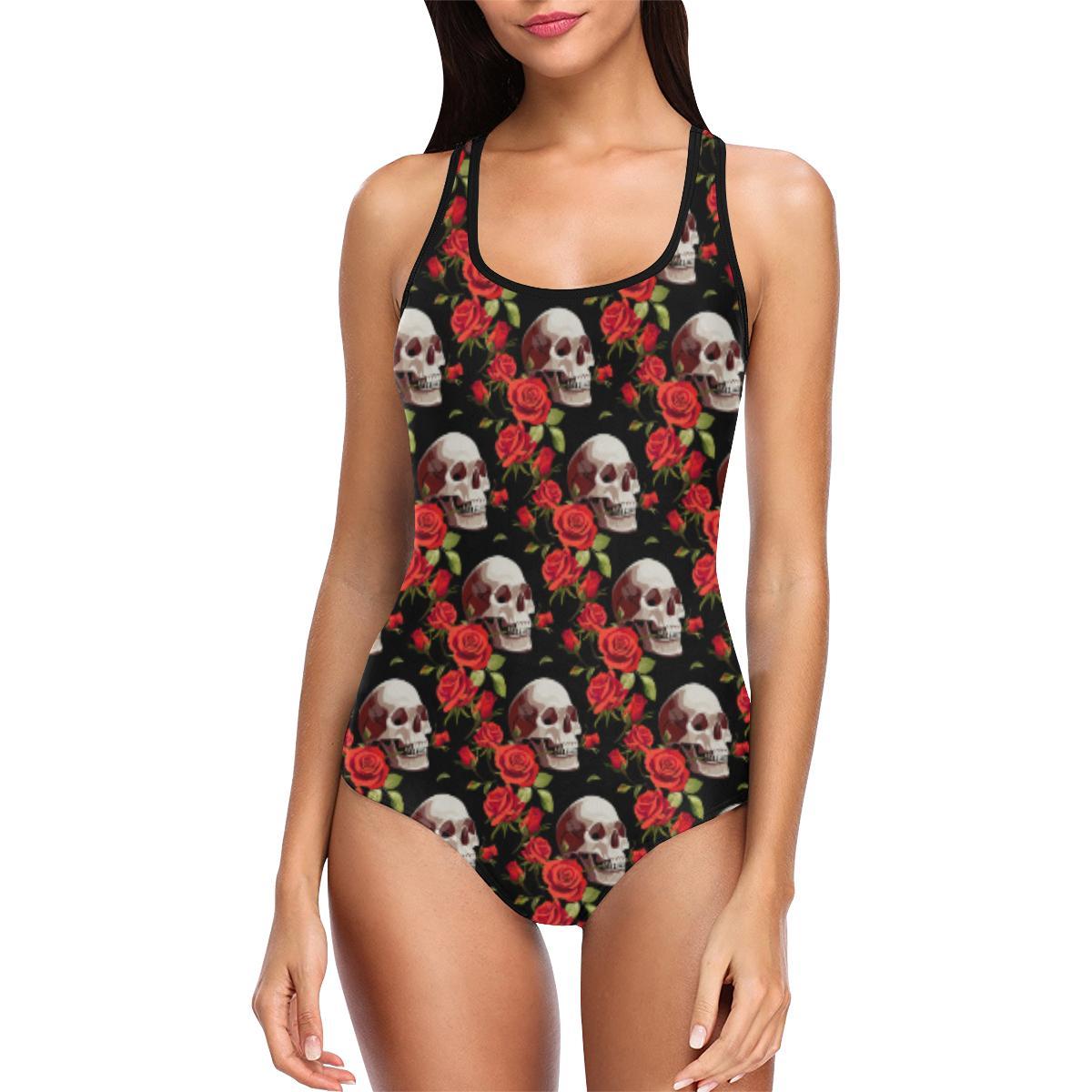 Red Rose Skull Design Print One Piece Swimsuit-JTAMIGO.COM