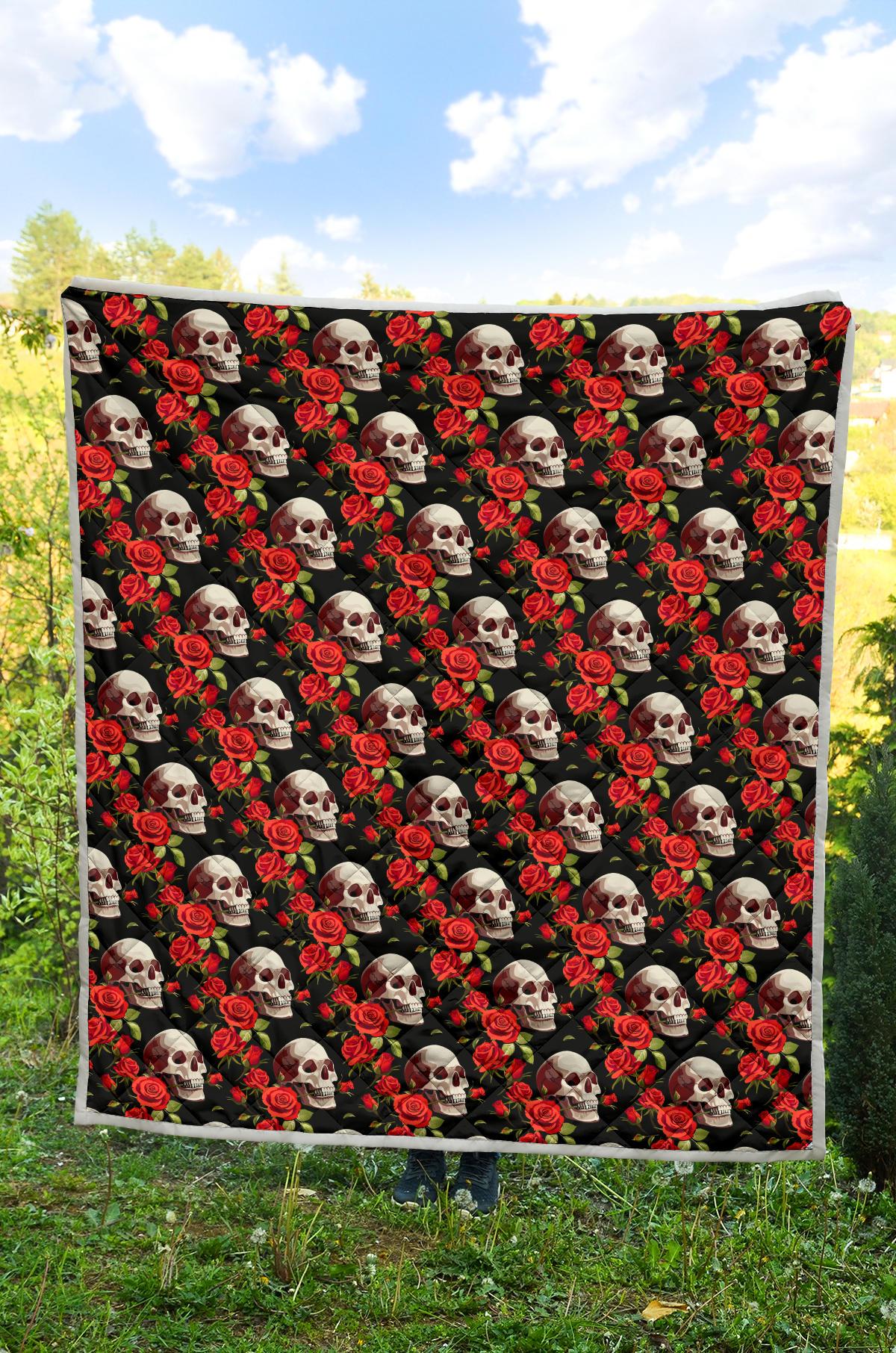 Red Rose Skull Design Print Premium Quilt-JTAMIGO.COM