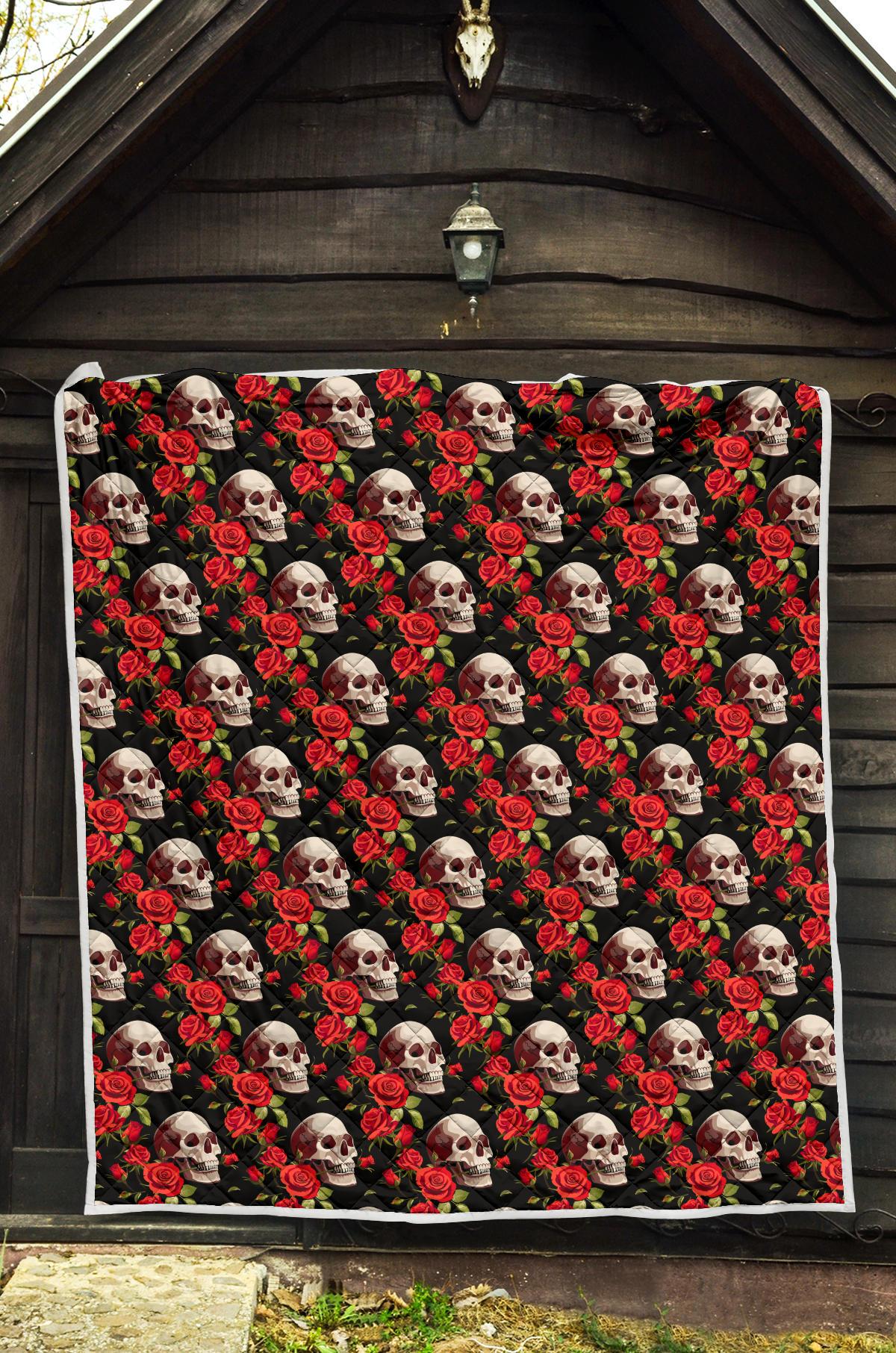 Red Rose Skull Design Print Premium Quilt-JTAMIGO.COM