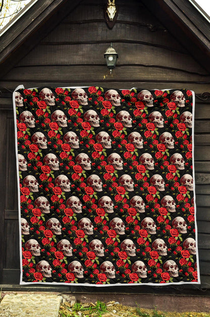 Red Rose Skull Design Print Premium Quilt-JTAMIGO.COM
