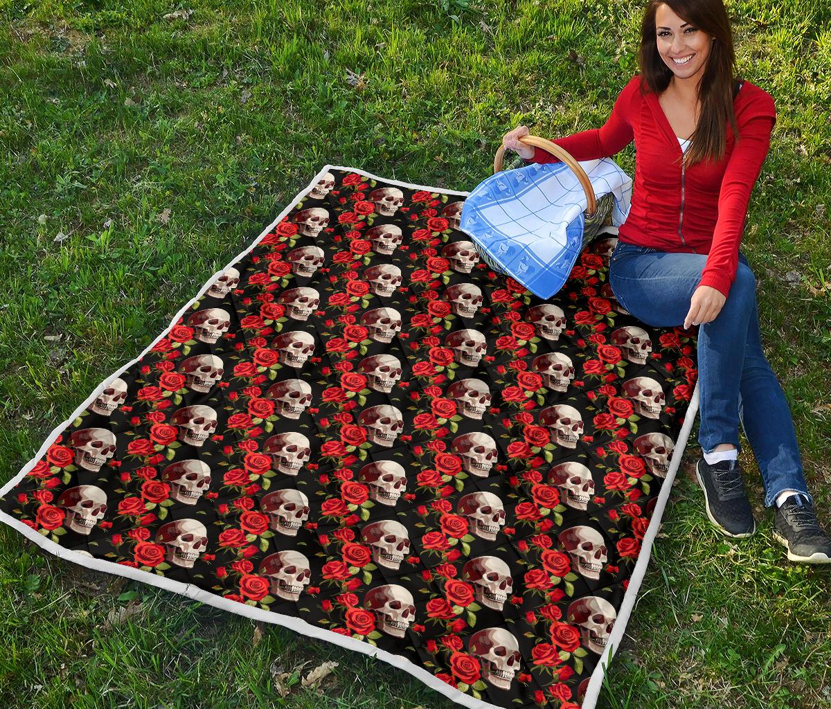 Red Rose Skull Design Print Premium Quilt-JTAMIGO.COM