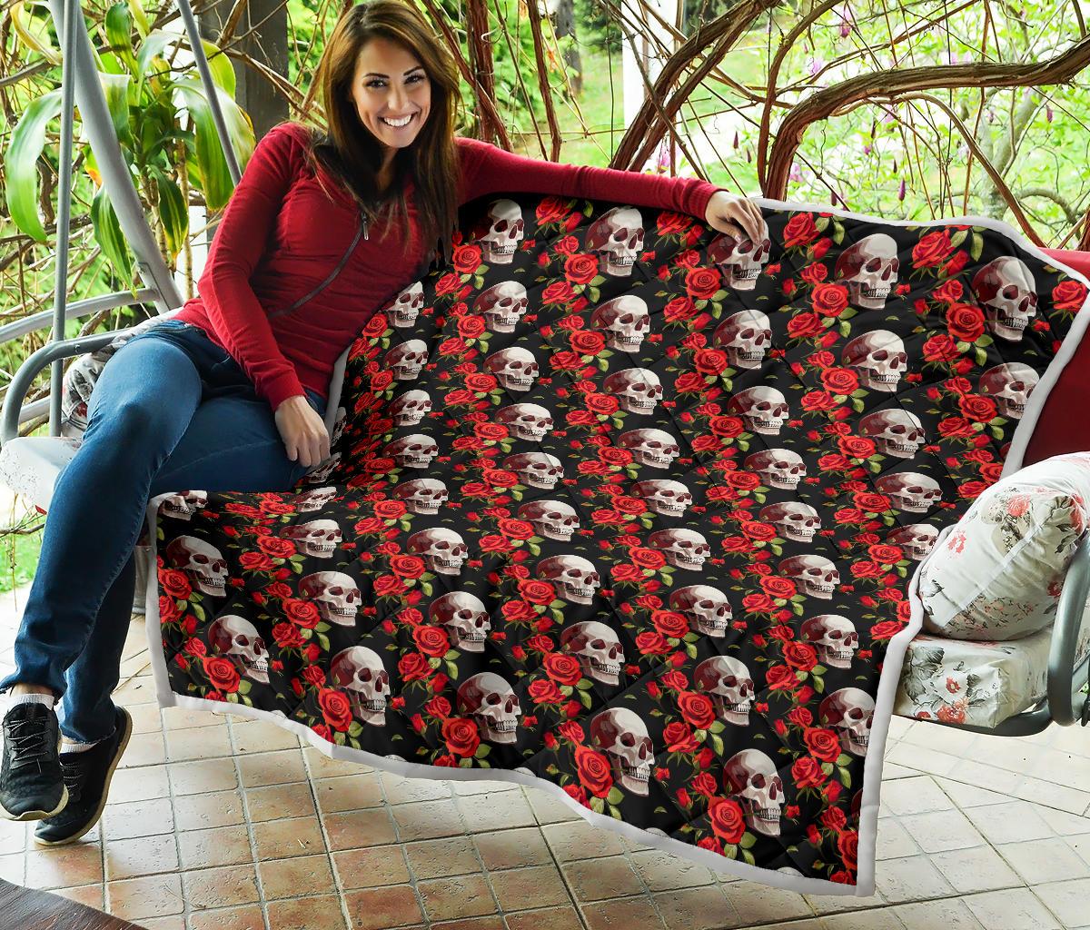 Red Rose Skull Design Print Premium Quilt-JTAMIGO.COM