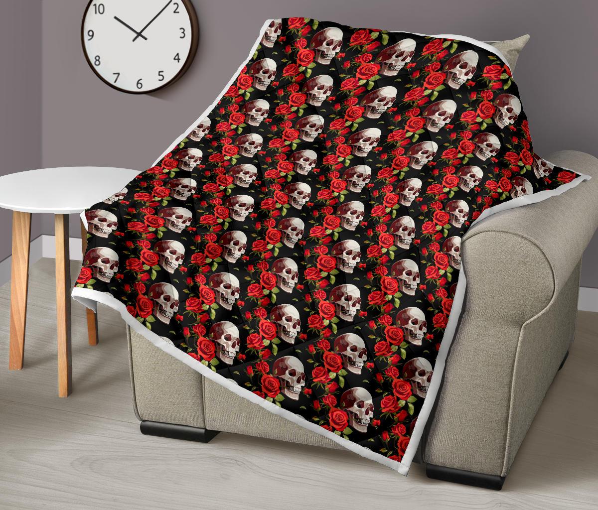 Red Rose Skull Design Print Premium Quilt-JTAMIGO.COM