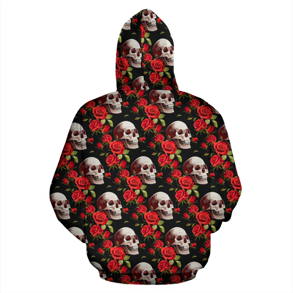 Red Rose Skull Design Print Pullover Hoodie