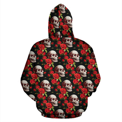 Red Rose Skull Design Print Pullover Hoodie