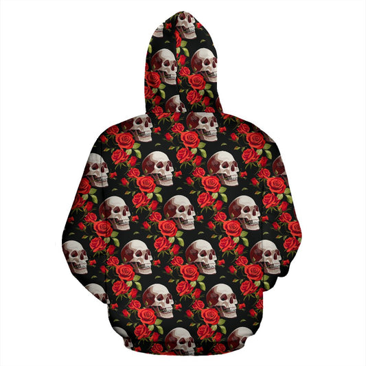 Red Rose Skull Design Print Pullover Hoodie