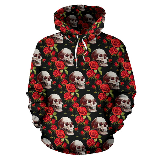 Red Rose Skull Design Print Pullover Hoodie