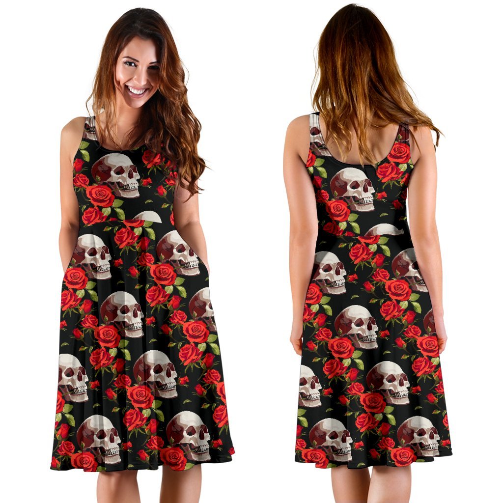 Red Rose Skull Design Print Sleeveless Dress