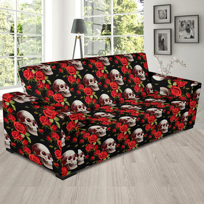 Red Rose Skull Design Print Sofa Slipcover-JTAMIGO.COM