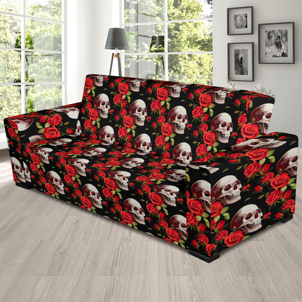 Red Rose Skull Design Print Sofa Slipcover-JTAMIGO.COM
