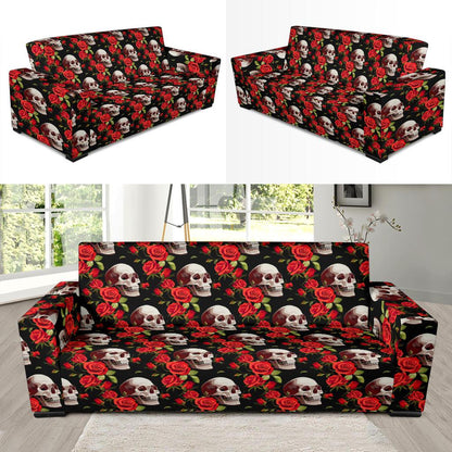 Red Rose Skull Design Print Sofa Slipcover-JTAMIGO.COM