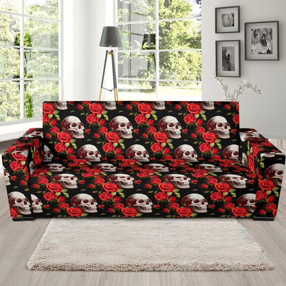 Red Rose Skull Design Print Sofa Slipcover-JTAMIGO.COM