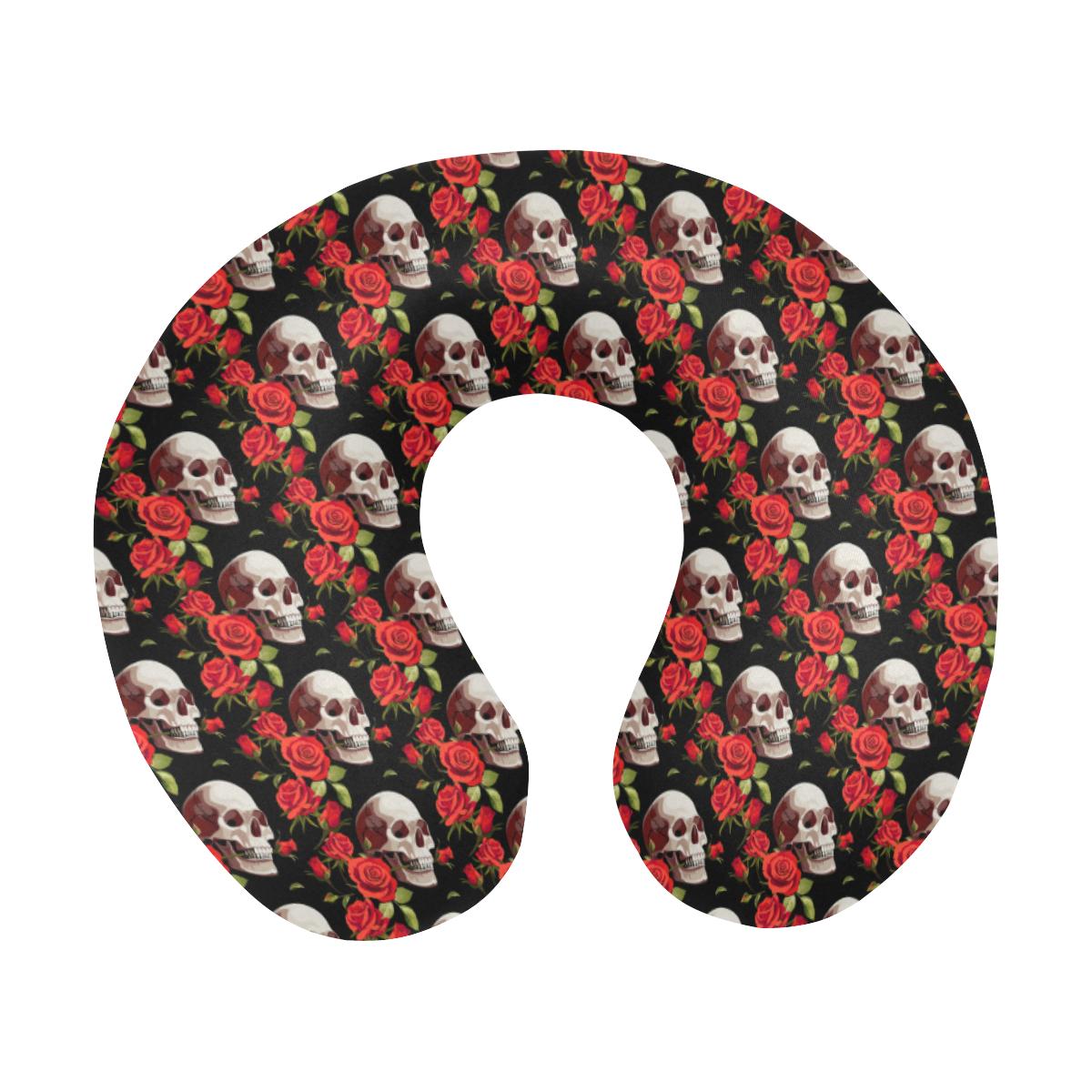 Red Rose Skull Design Print U-Shaped Travel Neck Pillow-JTAMIGO.COM