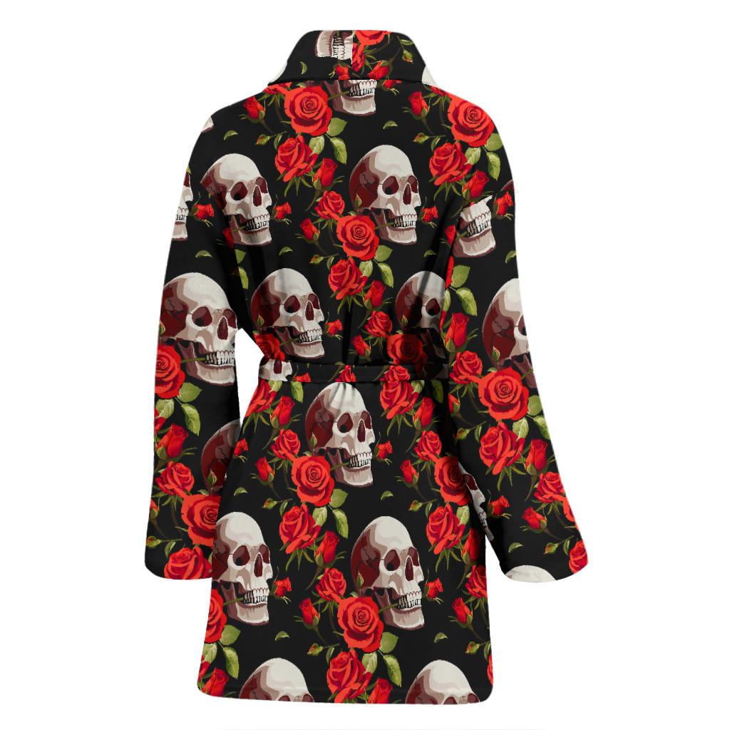 Red Rose Skull Design Print Women Bath Robe-JTAMIGO.COM