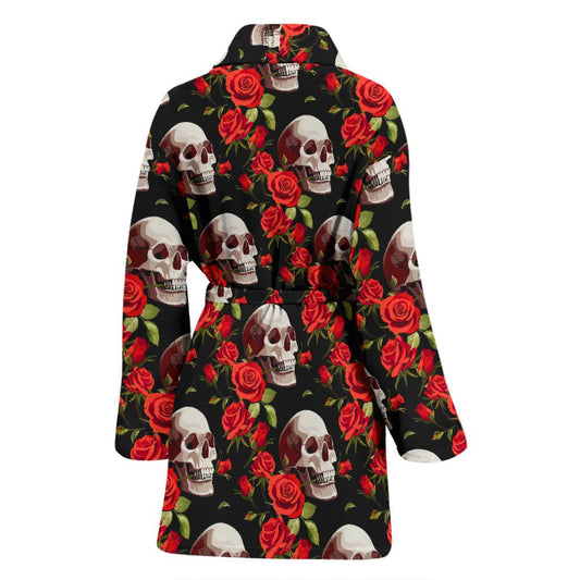 Red Rose Skull Design Print Women Bath Robe-JTAMIGO.COM