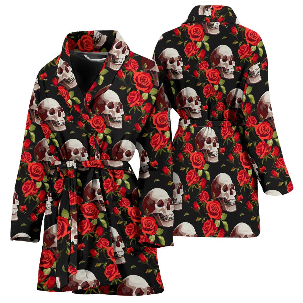 Red Rose Skull Design Print Women Bath Robe-JTAMIGO.COM