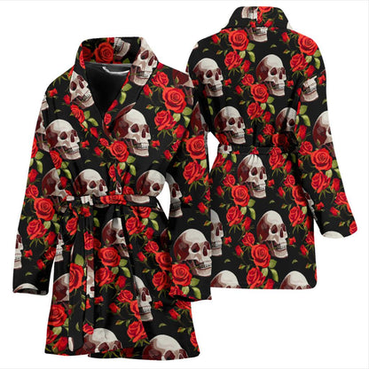Red Rose Skull Design Print Women Bath Robe-JTAMIGO.COM